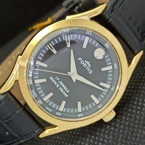 Vintage Mechanical 1969 Fortis Mens Gold Watch W/Leather Strap Swiss Made Black